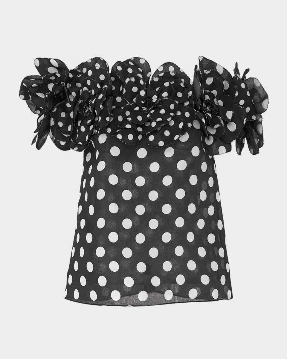 Polka-Dot Flower Off-The-Shoulder Top